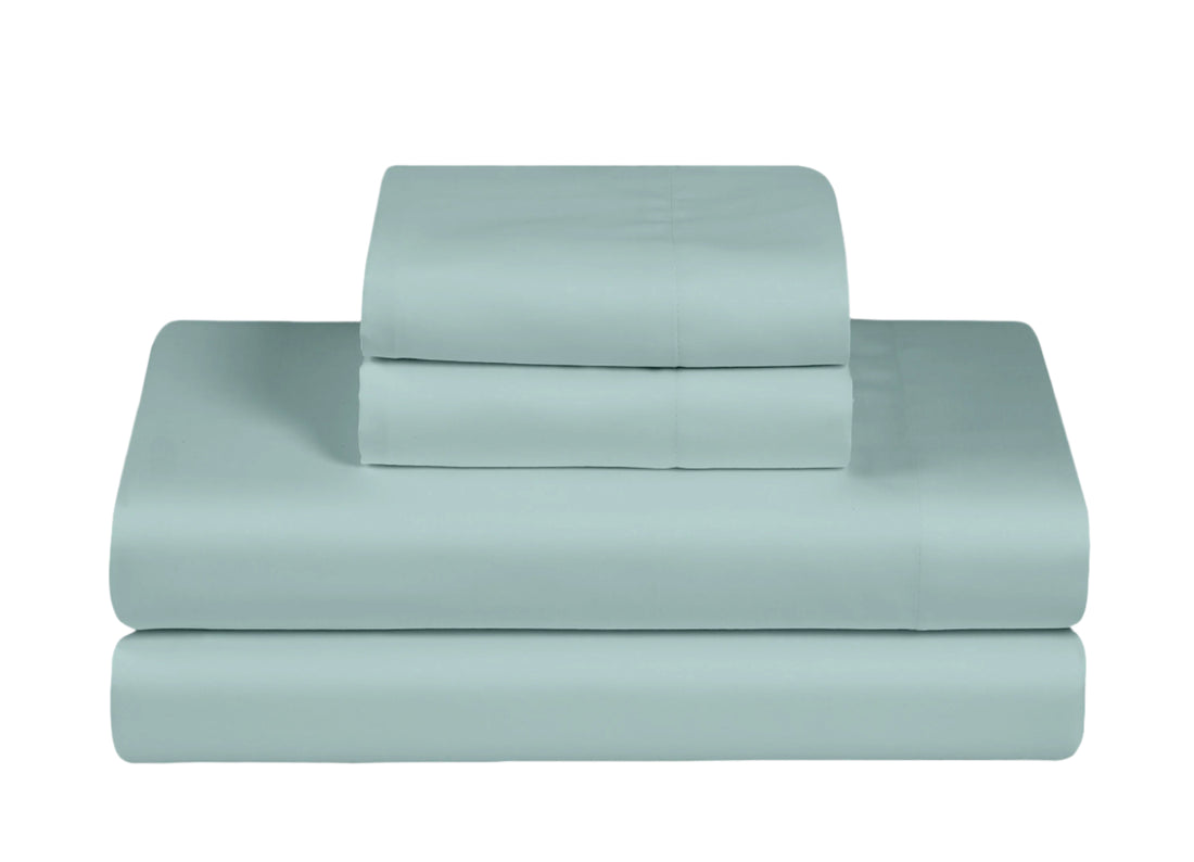Feather Stitch New York 300 thread count sheets set in soft granite green color