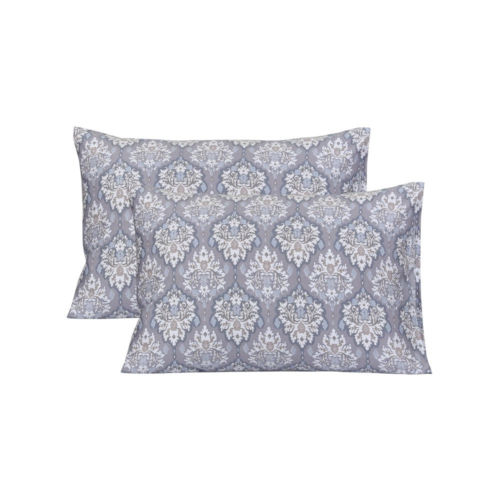 Two gray patterned pillowcases on a white background