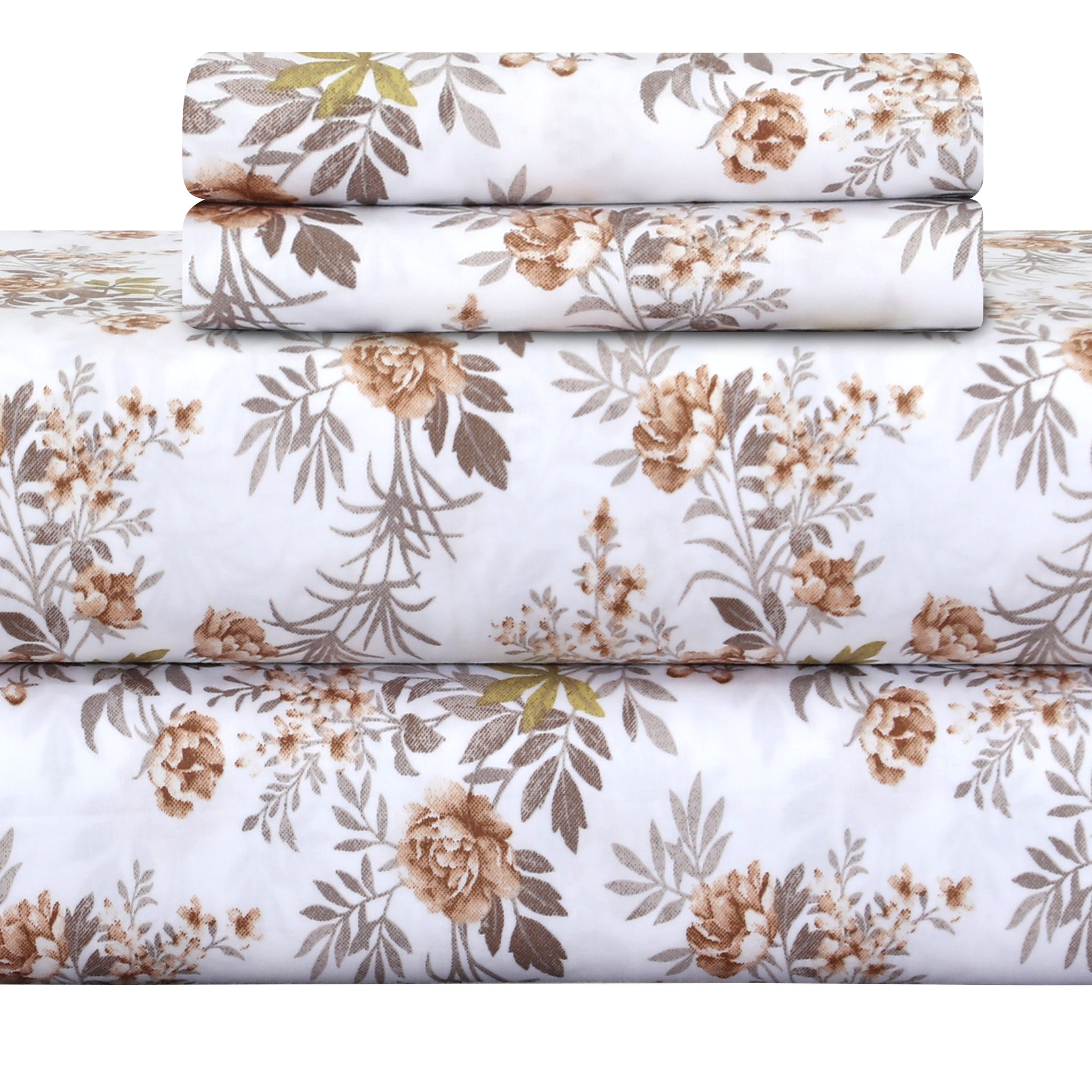 Feather Stitch New York 500 thread count sheets set with beige and brown rose floral pattern