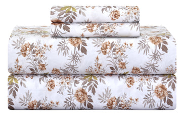Feather Stitch New York 500 thread count sheets set with beige and brown rose floral pattern