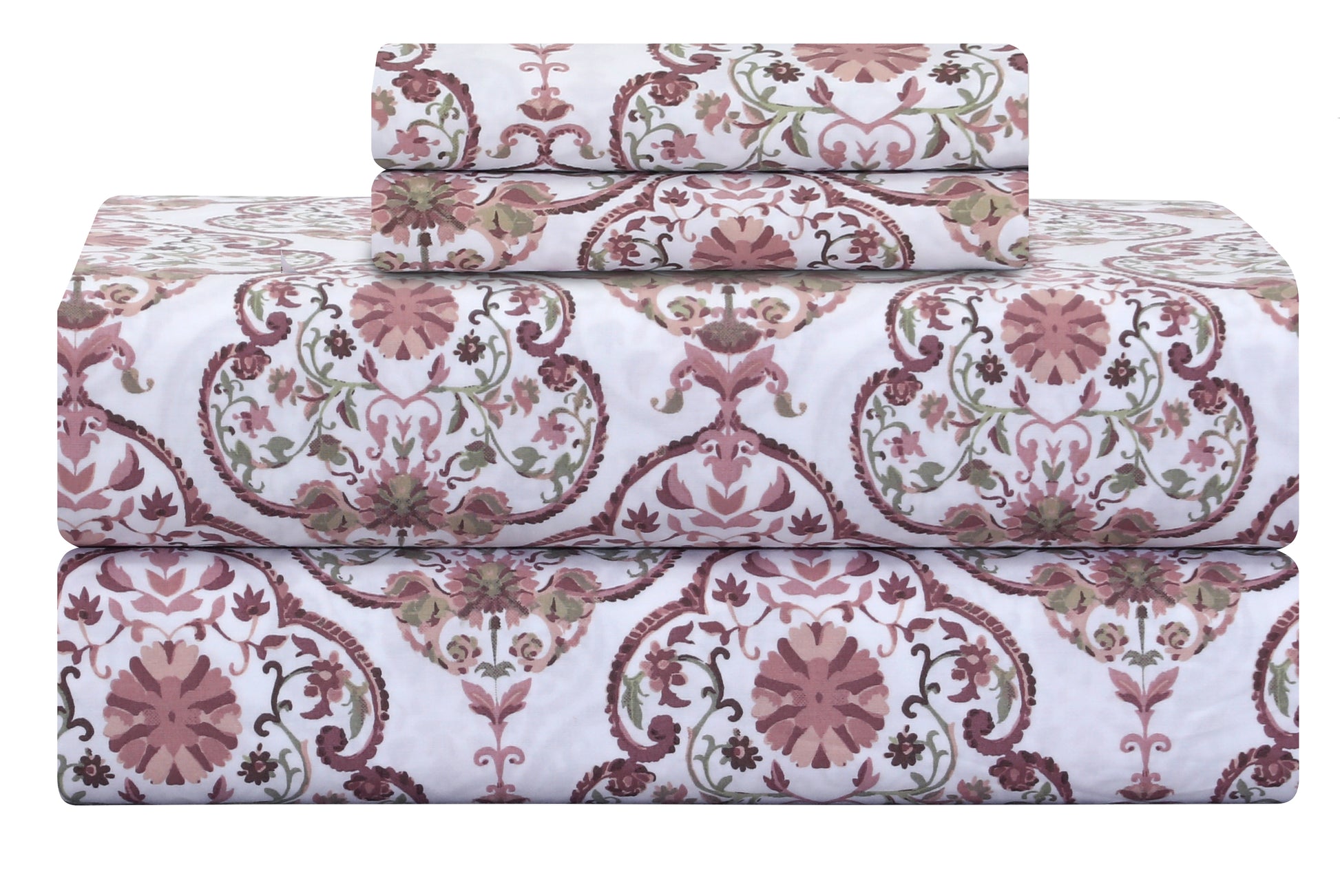 Feather Stitch New York 500 thread count sheets with floral bloom and medallion pattern in pink and green