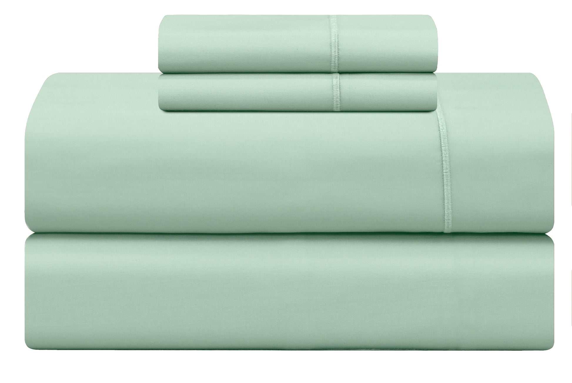 Feather Stitch New York 500 thread count sheets set in soft sage green color folded neatly