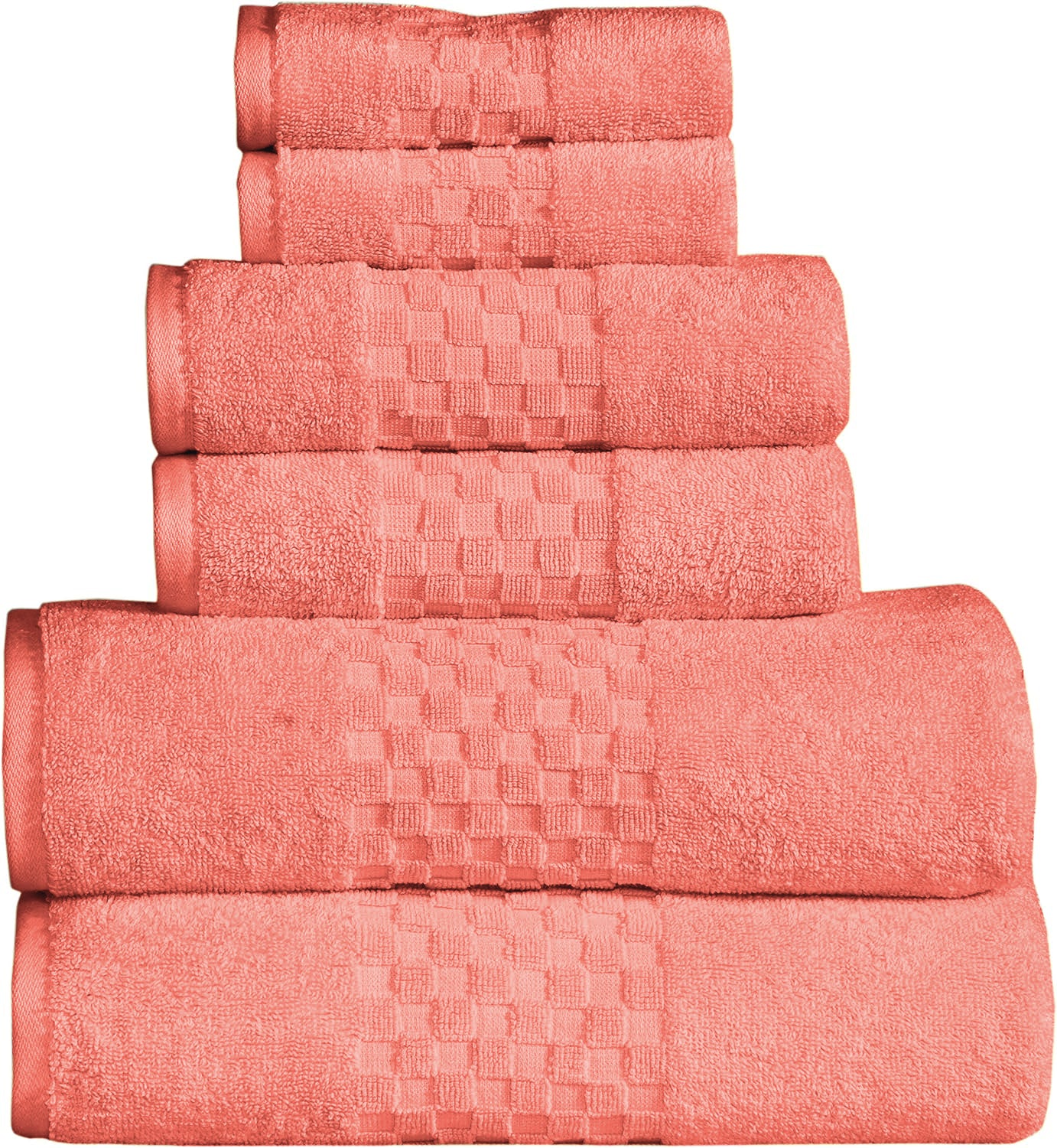 Stack of pink towels on a white background