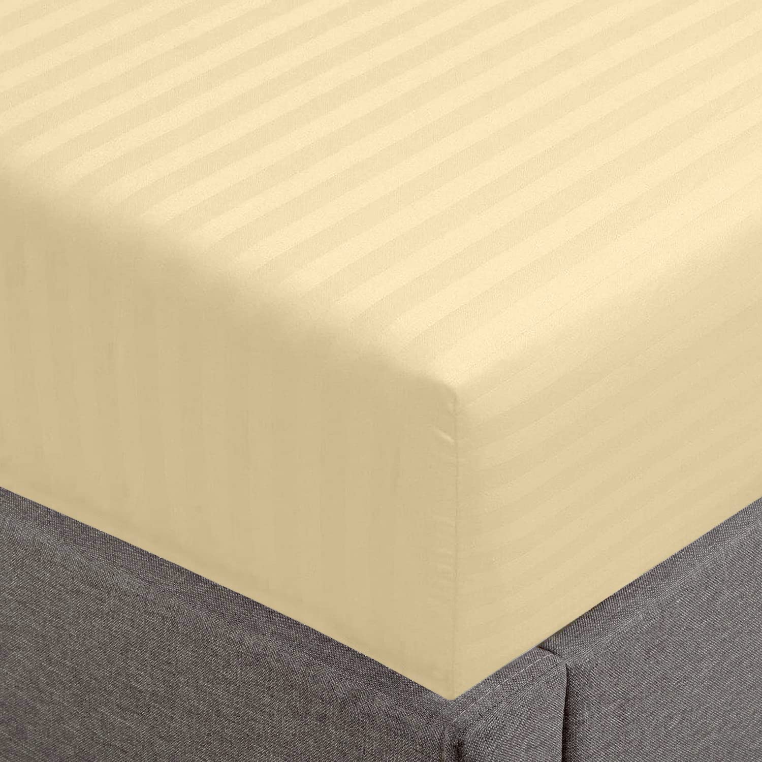 Feather & Stitch King Size Fitted Sheet - 500TC 100% Cotton Damask Sateen, Ultra Soft, 18" Deep Pocket For Mattress (Semolina Stripe)