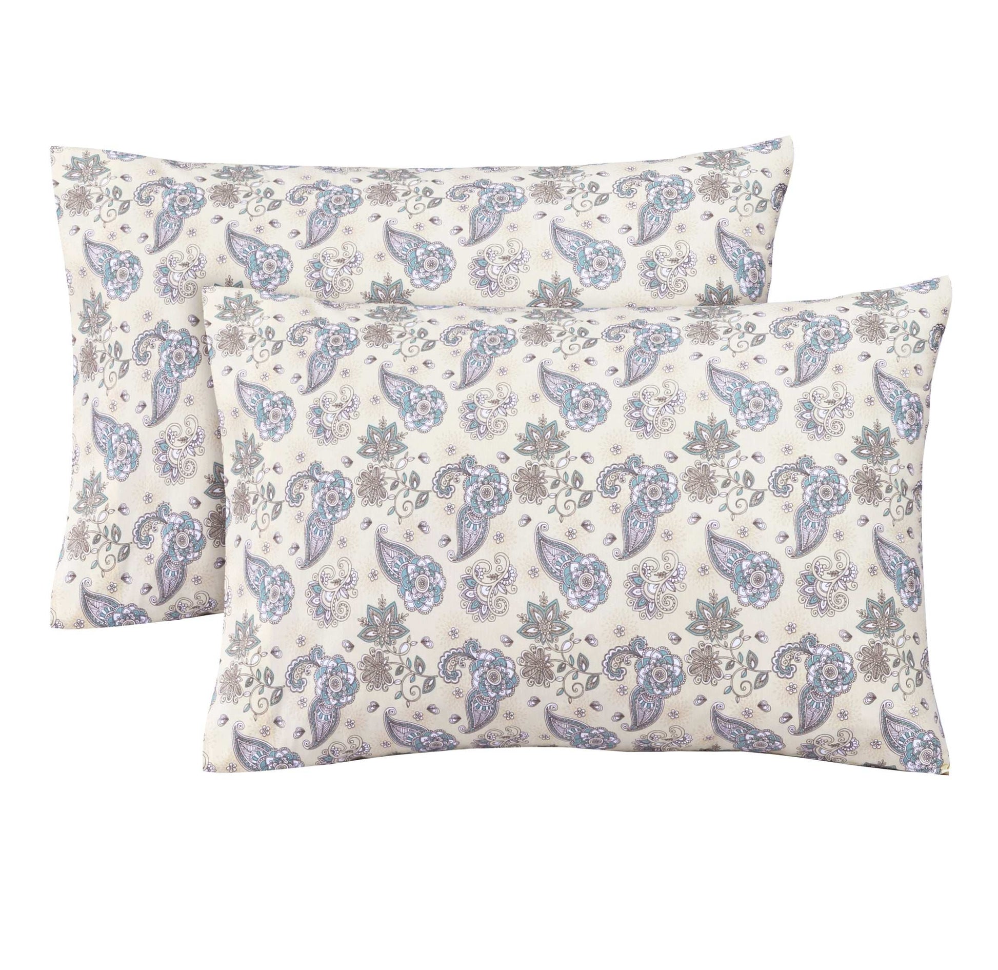 Feather Stitch New York 300 thread count pillowcases with beige  and blue paisley floral design set of two