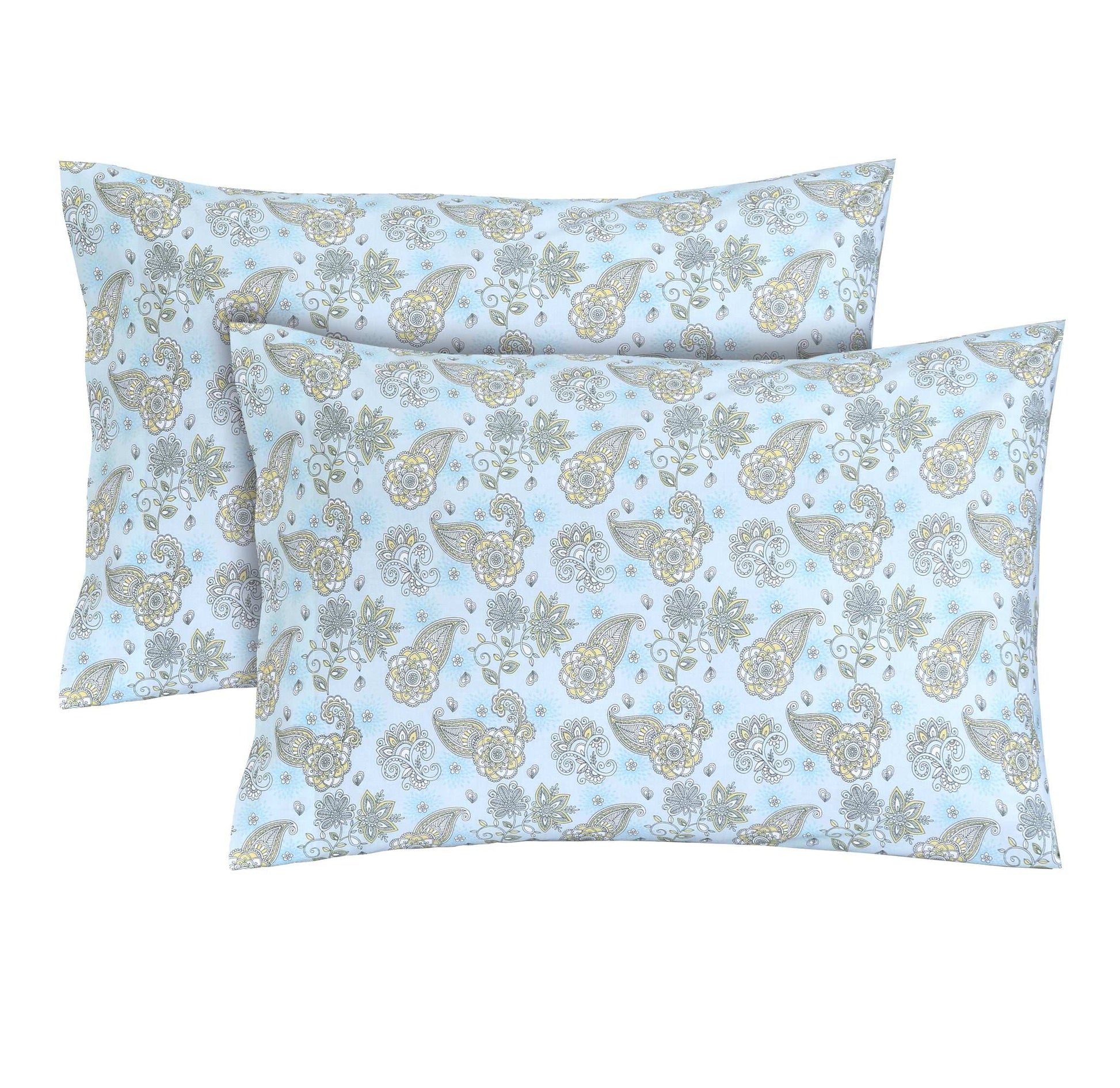 Feather Stitch New York 300 thread count pillowcases with aqua and gold paisley floral design