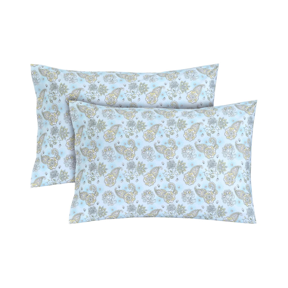 Feather Stitch New York 300 thread count pillowcases with aqua and gold paisley floral design