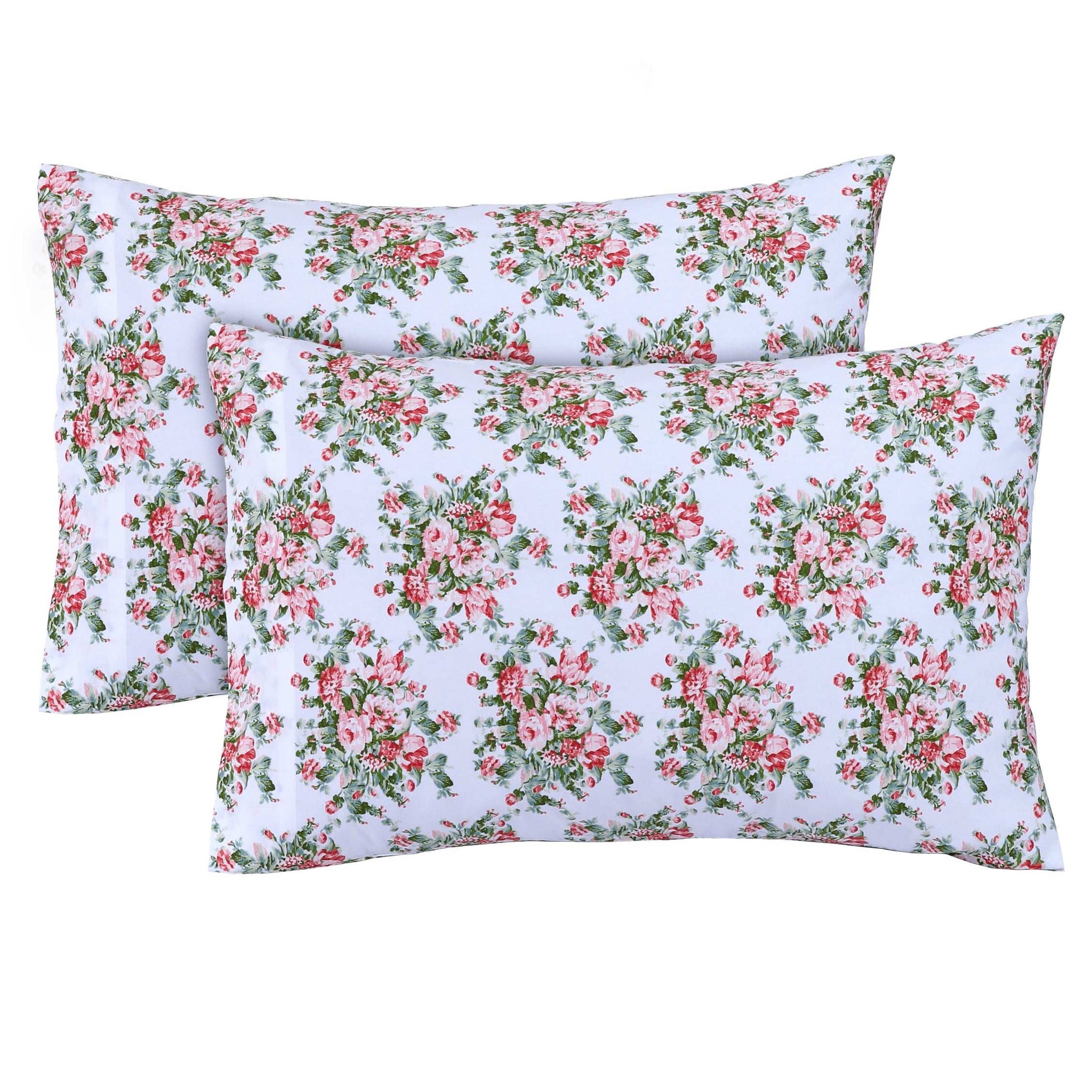 Feather Stitch New York floral design 300 thread count pillowcases with pink and green flowers on white background