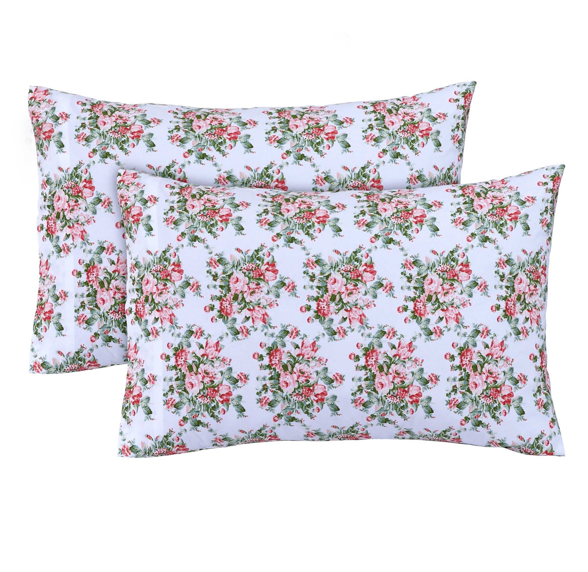 Feather Stitch New York floral design 300 thread count pillowcases with pink and green flowers on white background