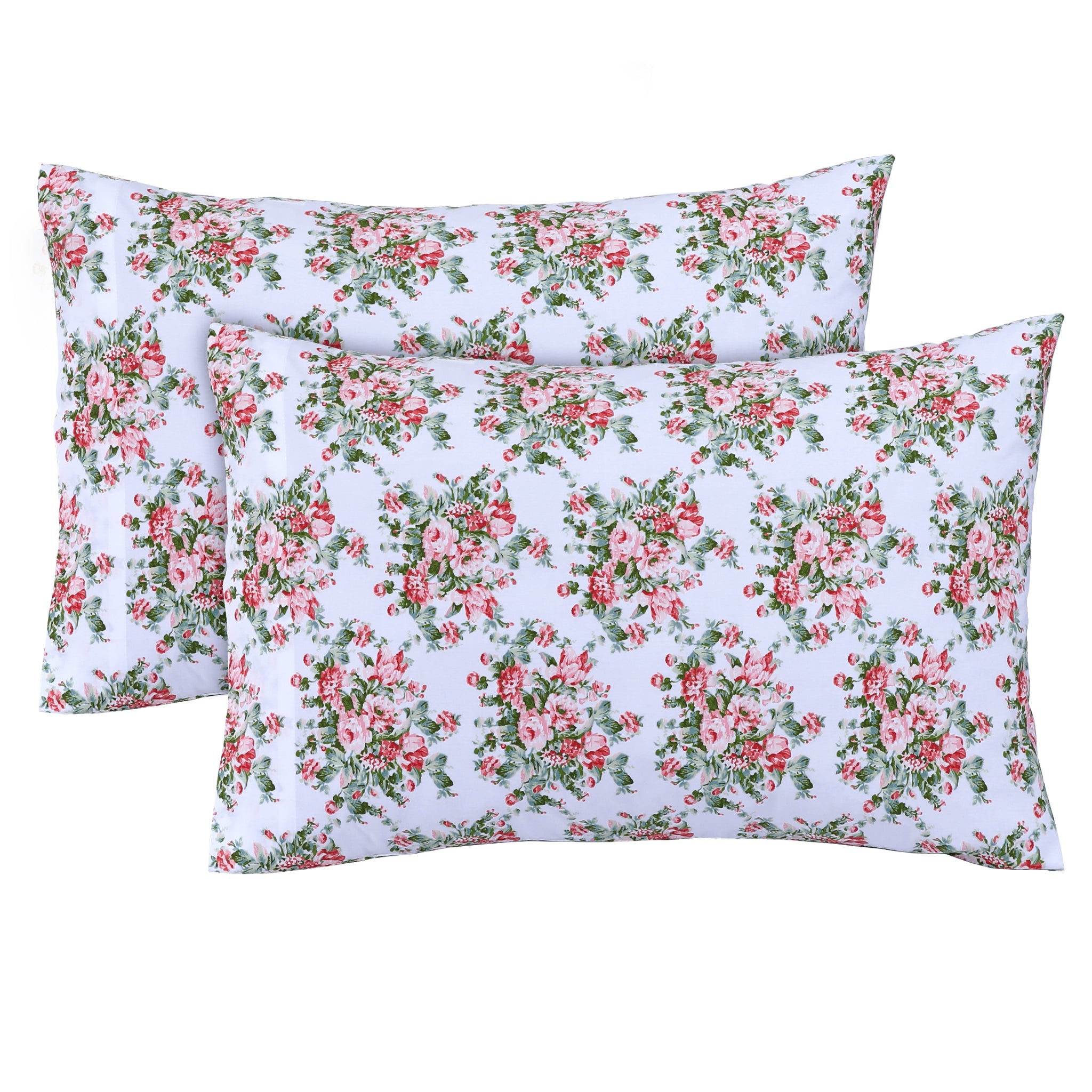 Feather Stitch New York floral design 300 thread count pillowcases with pink and green flowers on white background