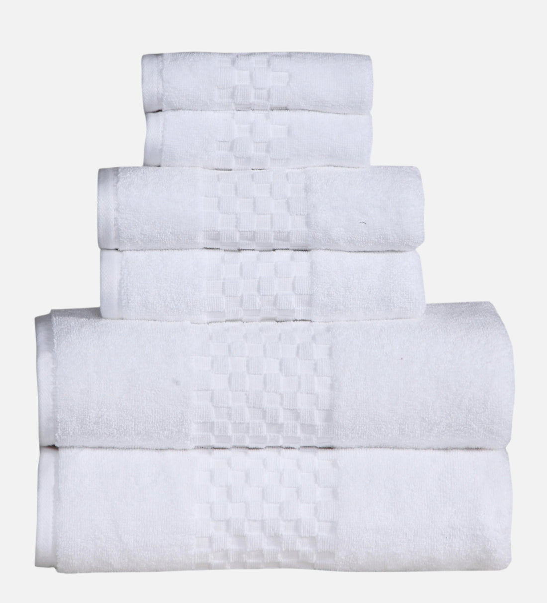Premium Cotton 6-Piece LUNA Bath Towel Set neatly stacked white towels with textured pattern for softness and durability.