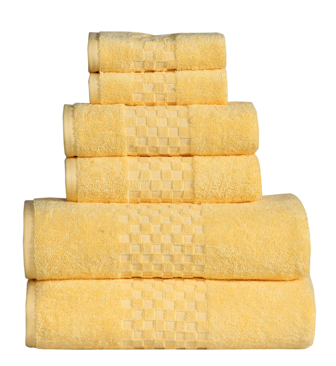 Premium Cotton 6-Piece LUNA Bath Towel Set neatly stacked white towels with textured pattern for softness and durability.