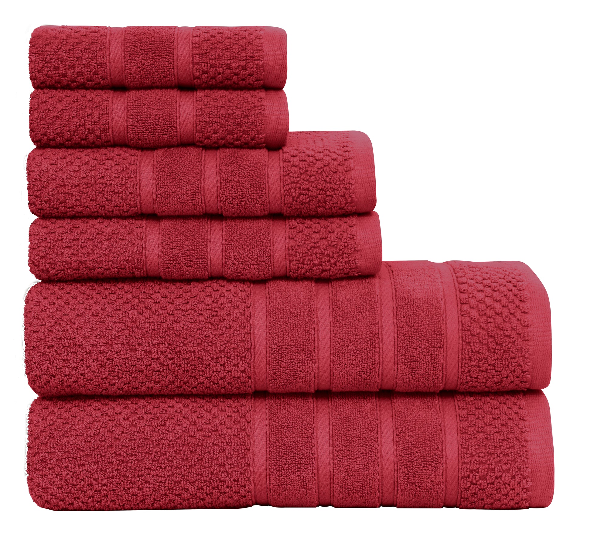 Feather Stitch New York red burgundy waffle cotton bath towel set neatly stacked with textured patterns